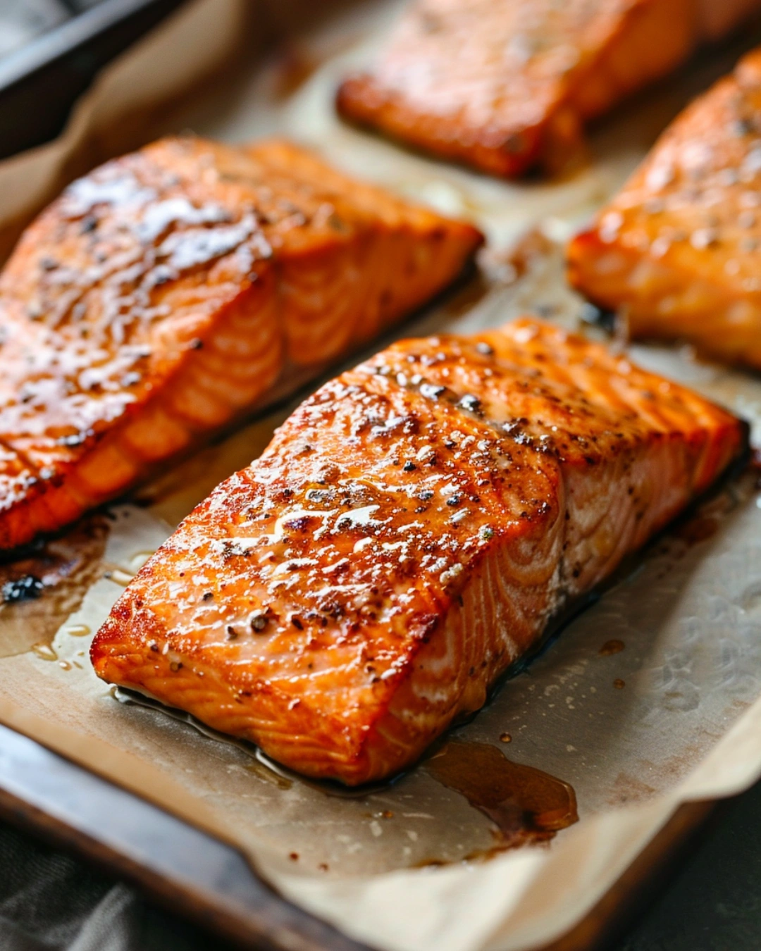Salmon fillets baking in oven with glaze