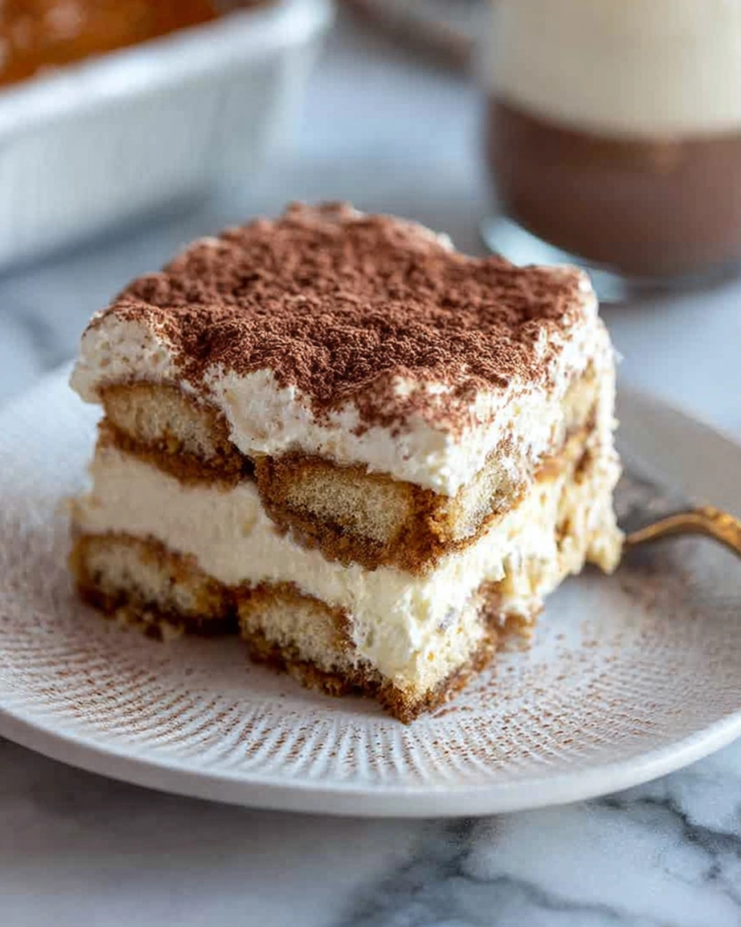 Serving slice of tiramisu without raw eggs on ceramic plate with espresso in cozy modern setting