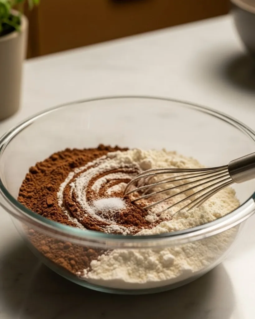 Bowl of cocoa powder, flour, and salt being whisked until smooth and lump-free.
