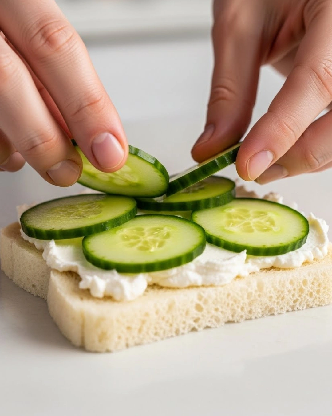 layering cucumber slices over cream cheese