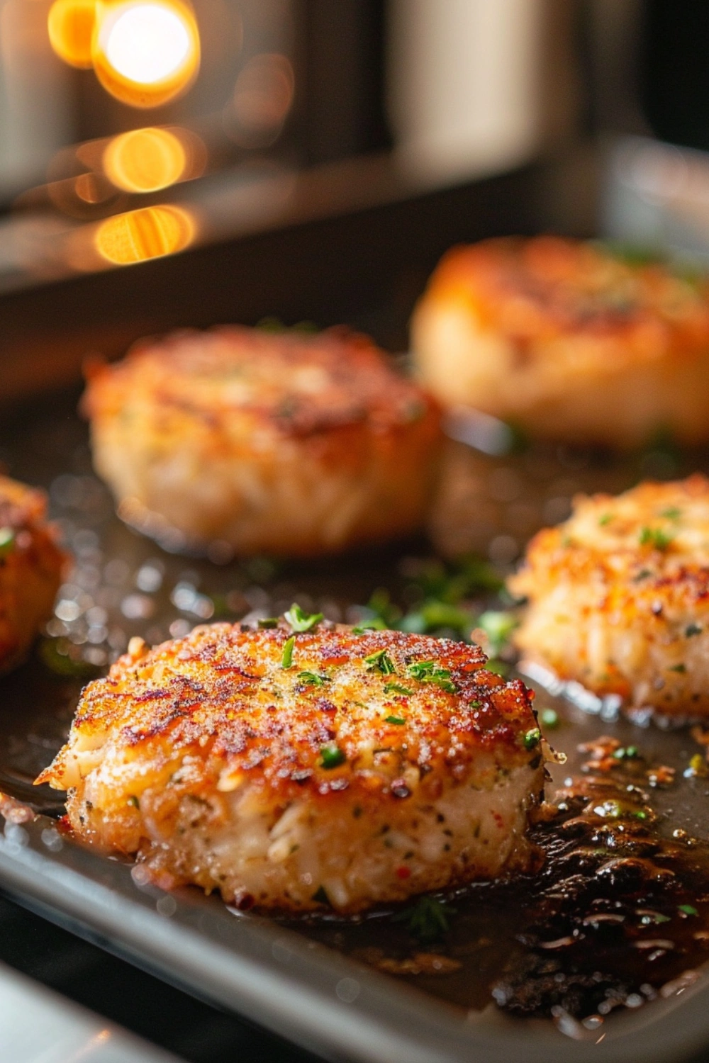 Crab cakes baking in oven until golden