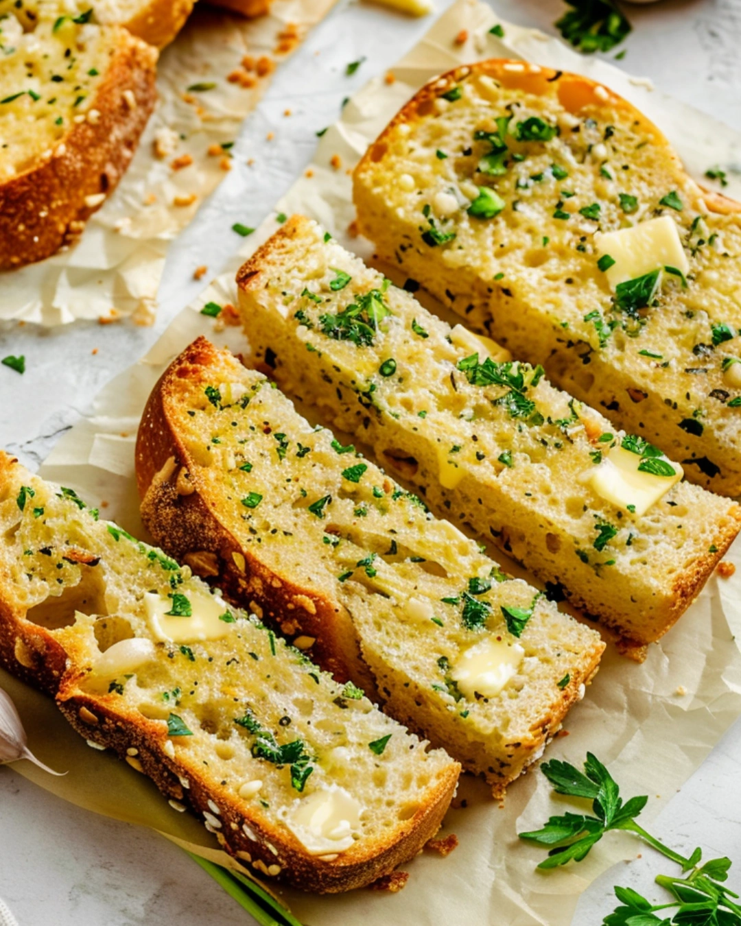 Homemade garlic bread baking in the oven until golden