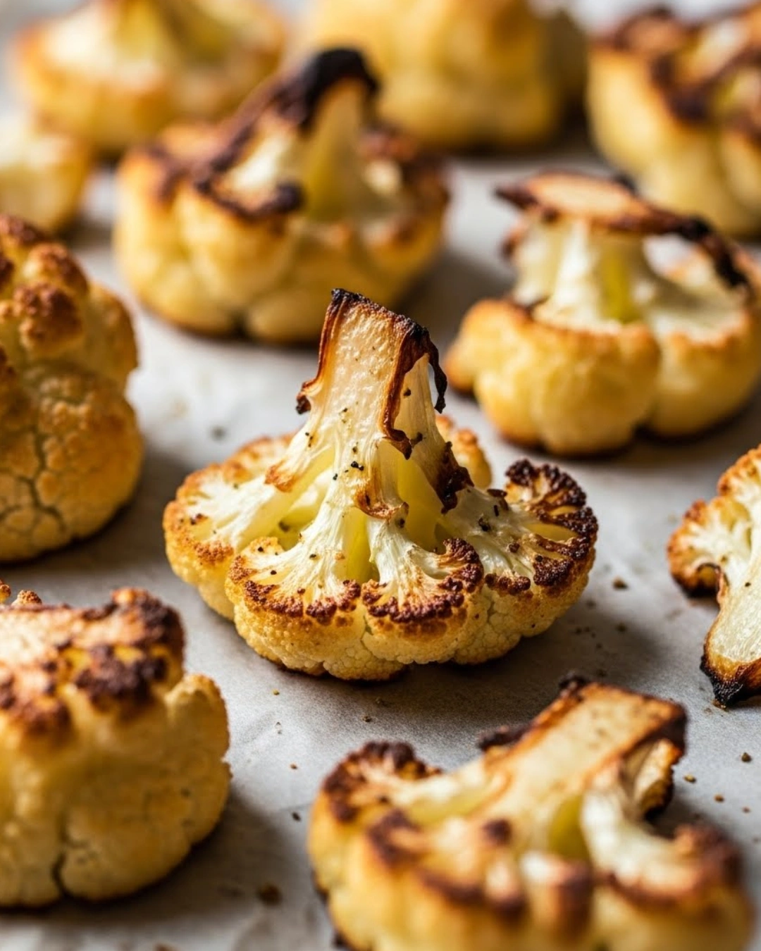 Crispy oven-baked cauliflower on parchment paper