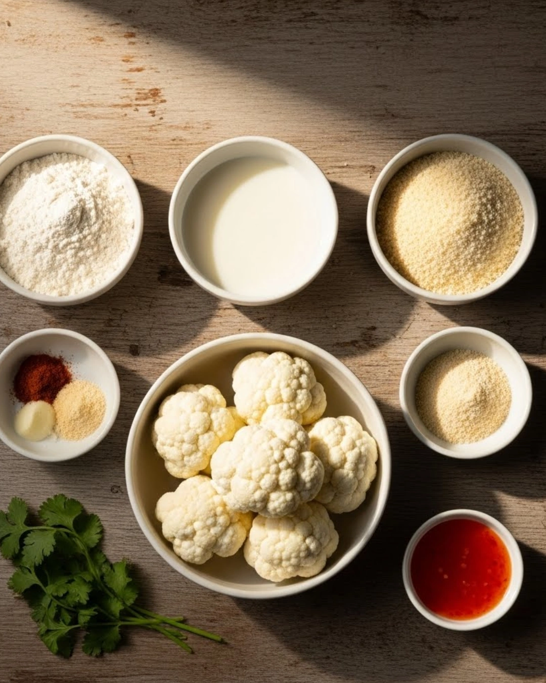 Bang Bang Cauliflower ingredients flat lay in cozy kitchen