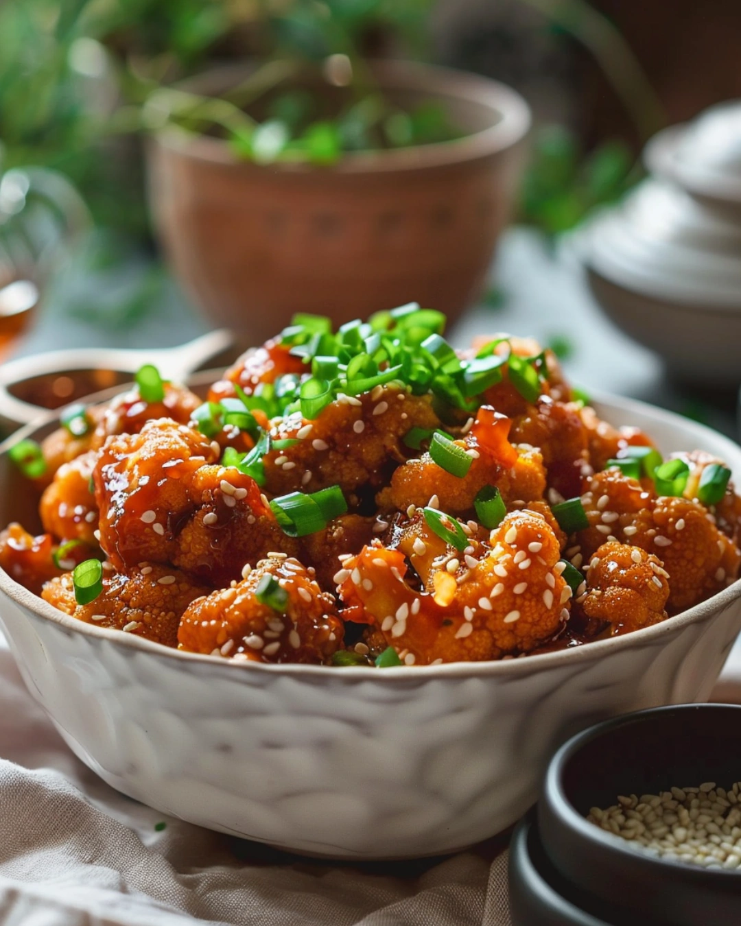 Serving bowl of Bang Bang Cauliflower with garnish