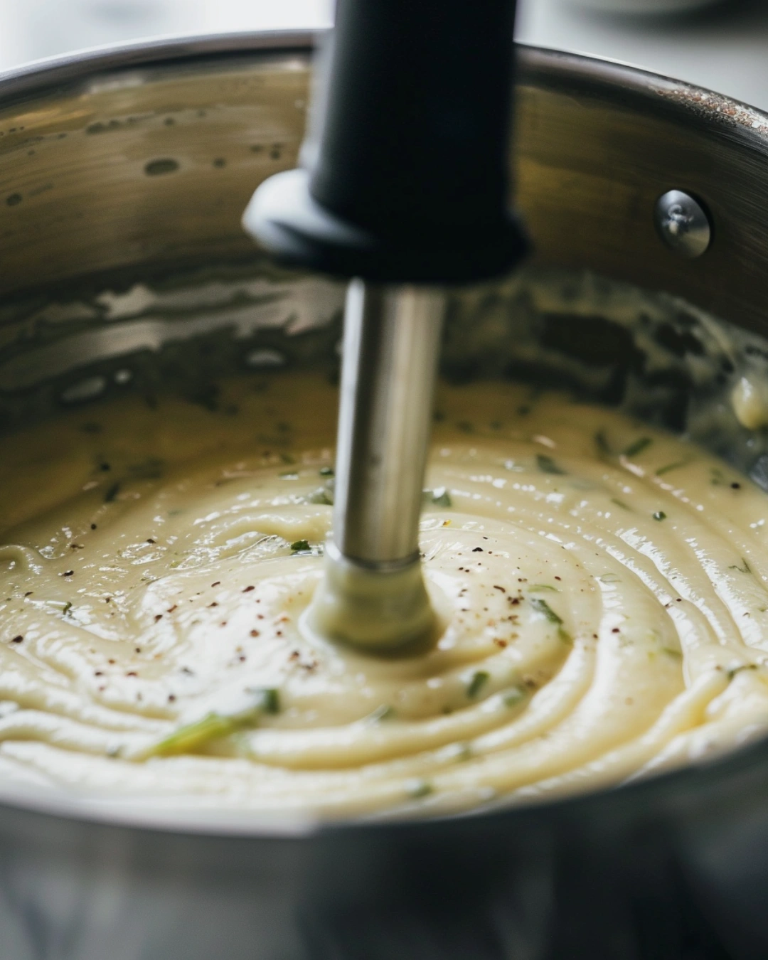 Blending leek soup with immersion blender