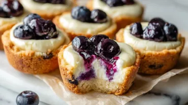 Blueberry Cheesecake Cookie Cups with golden cookie base