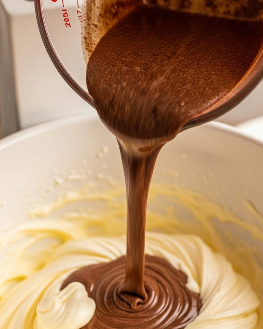Cocoa-flour mixture being added into a mixer bowl with whipped eggs and sugar for brownie pudding batter.