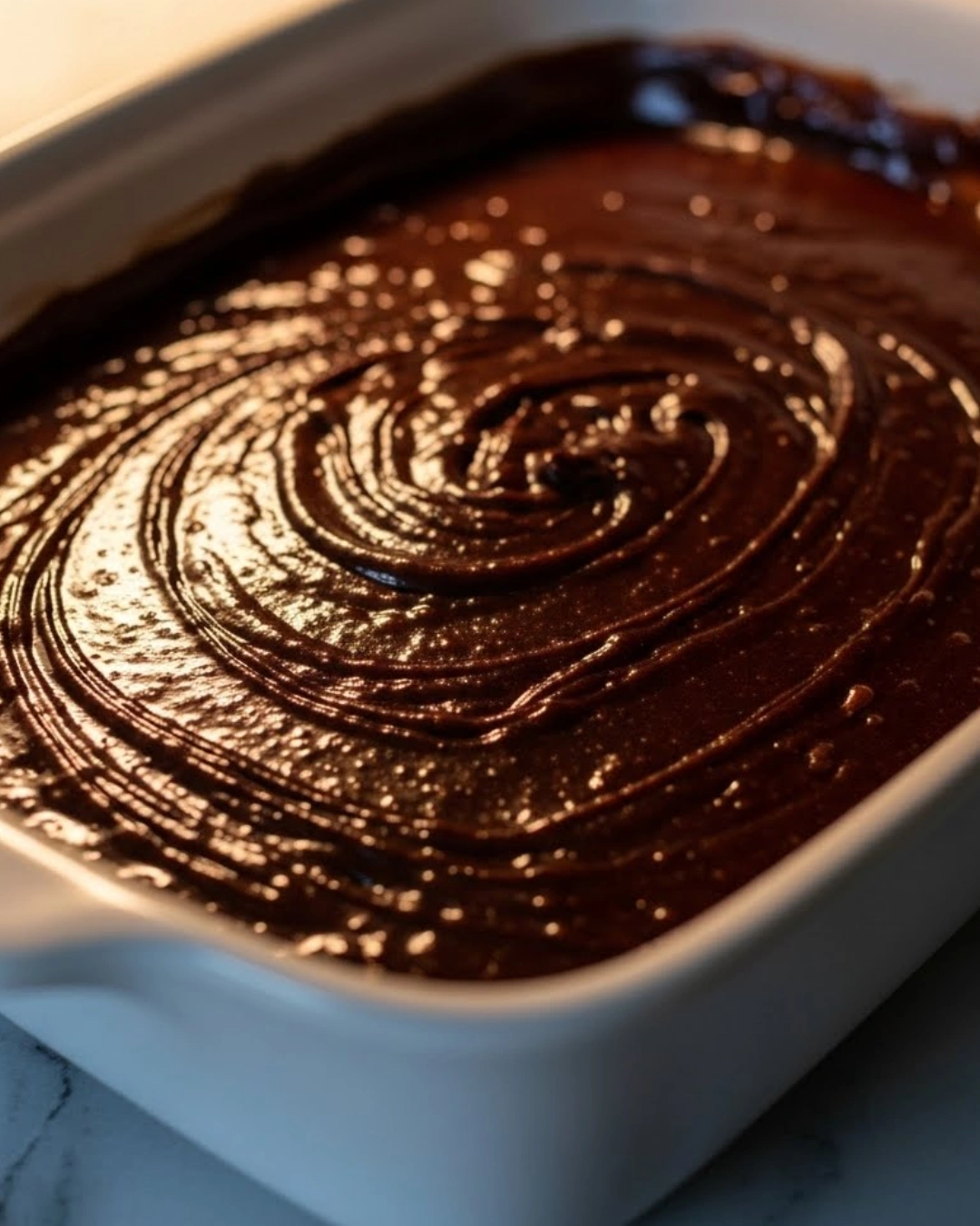 Smooth brownie pudding batter poured into a buttered ceramic baking dish before baking.