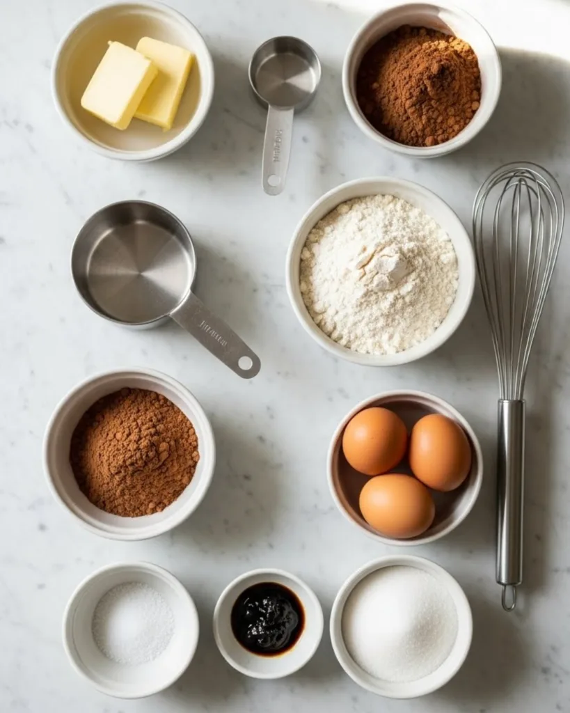 Flat lay of butter, cocoa powder, flour, sugar, eggs, and vanilla on a marble countertop for Ina Garten Brownie Pudding