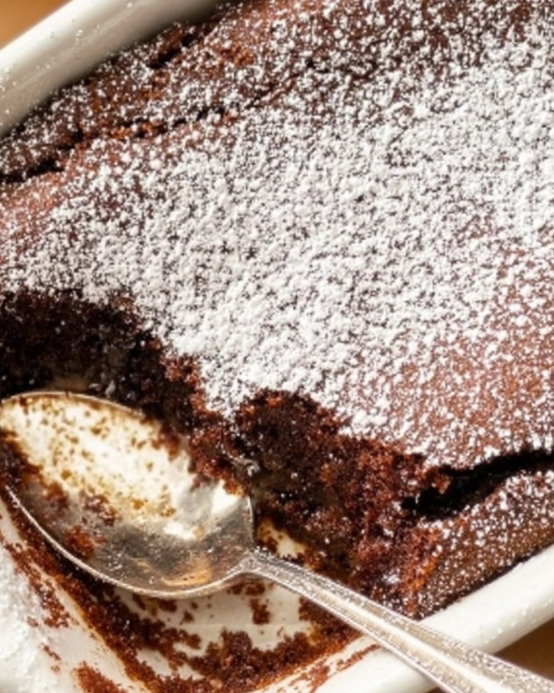 Spoon lifting a warm scoop of brownie pudding showing a gooey chocolate center in a small bowl.