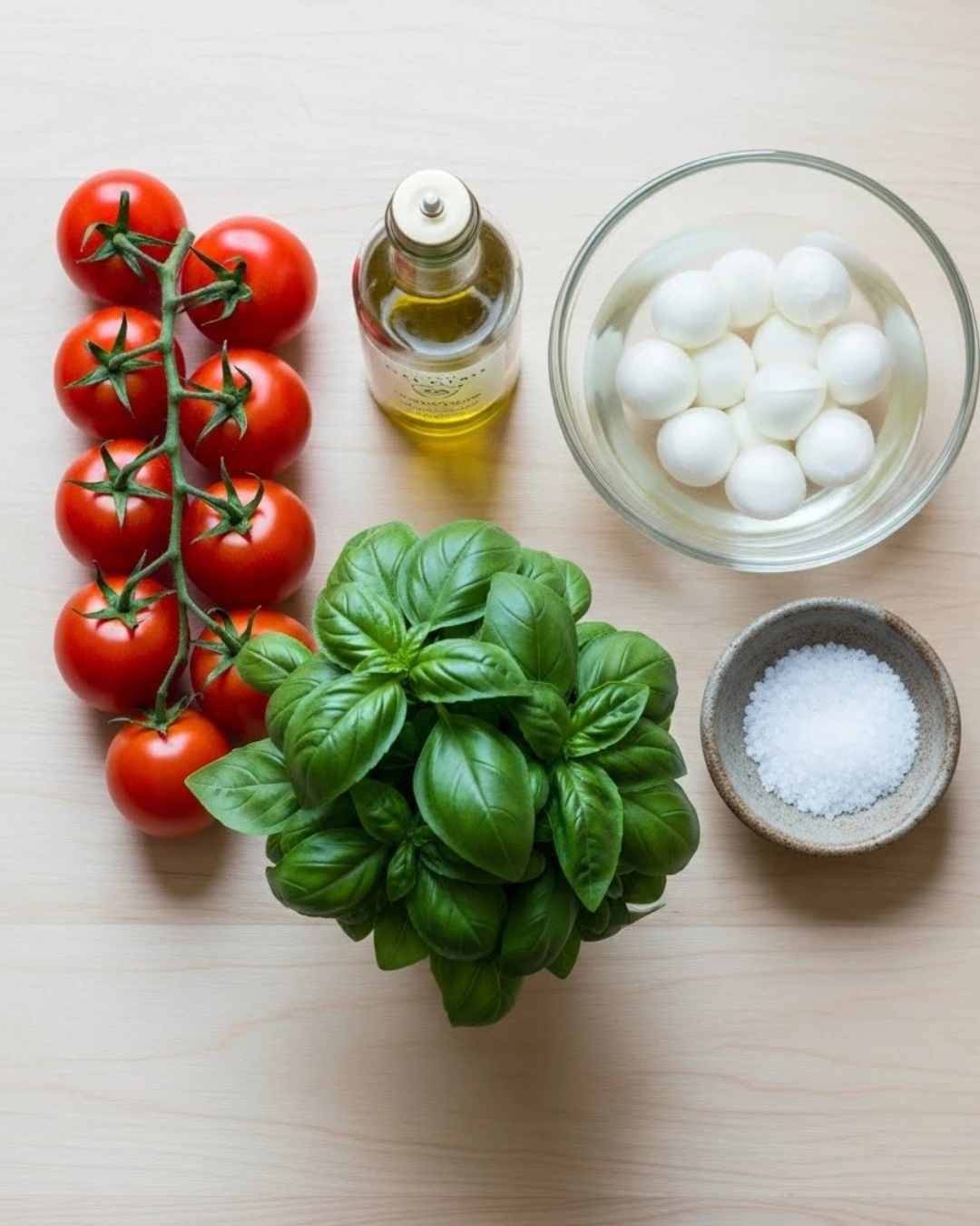 Flat lay of Caprese Salad ingredients including tomatoes, mozzarella, basil, and olive oil
