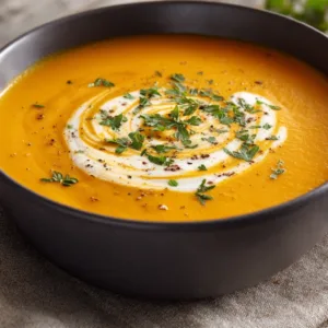 Creamy carrot soup in a bowl with herbs and cream