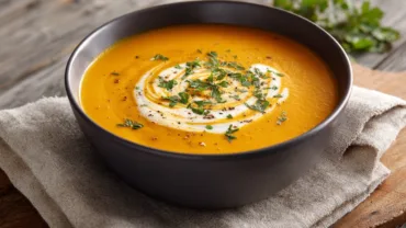 Creamy carrot soup in a bowl with herbs and cream