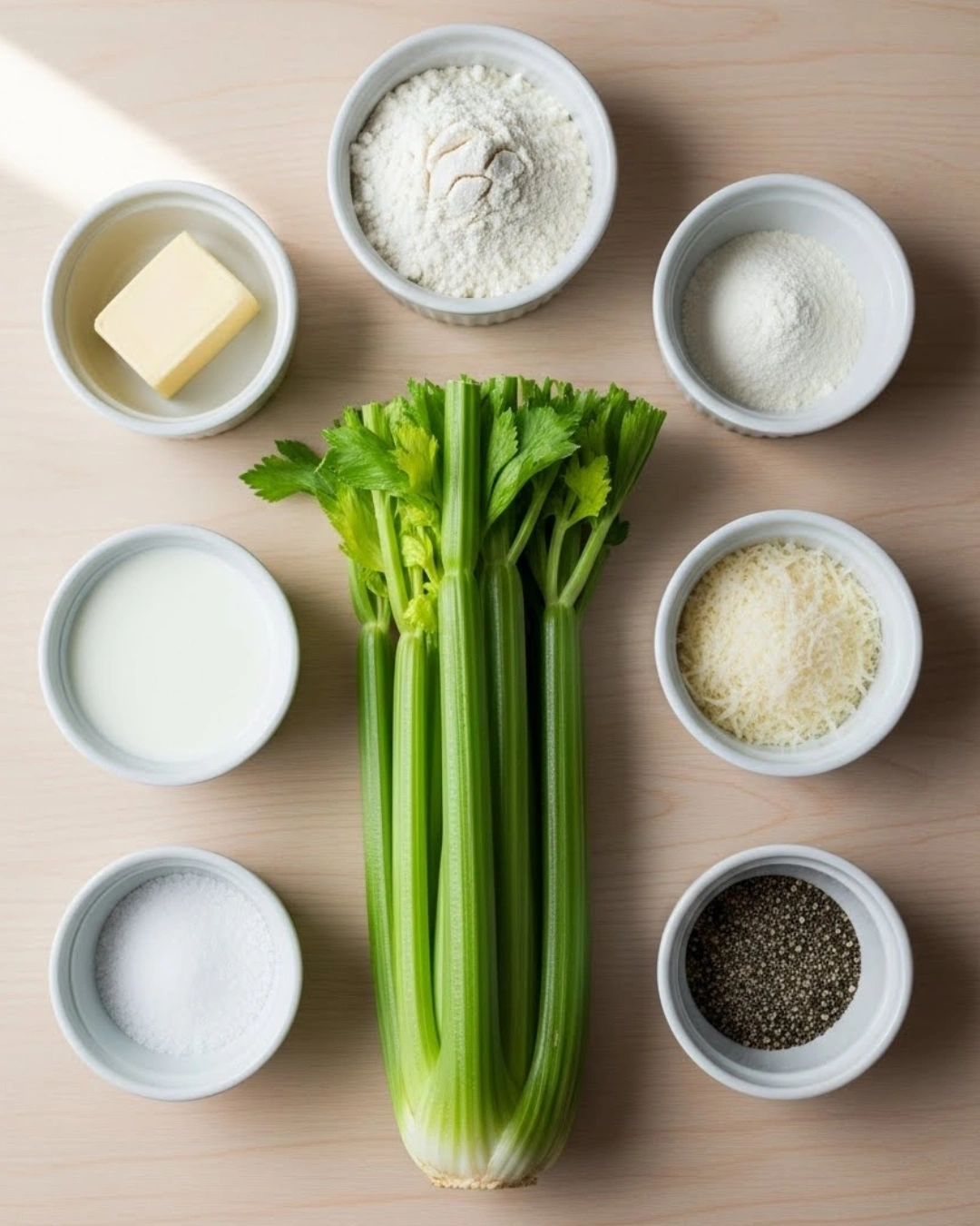 celery soup ingredients arranged on wooden surface