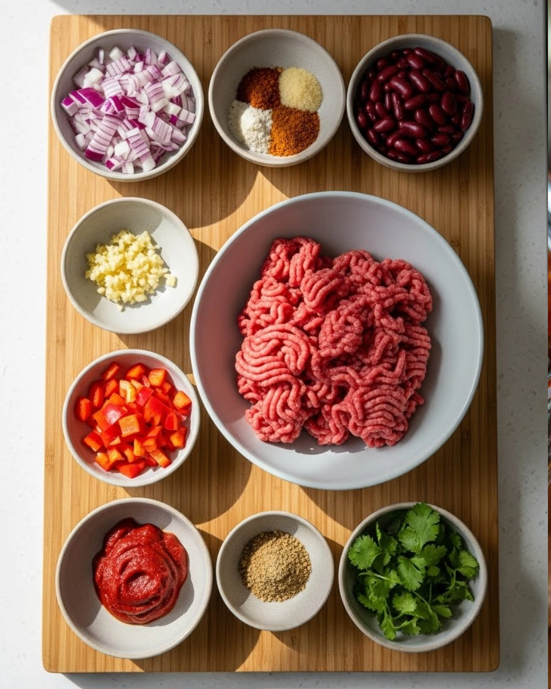 Chili Con Carne ingredients flat lay on wooden surface