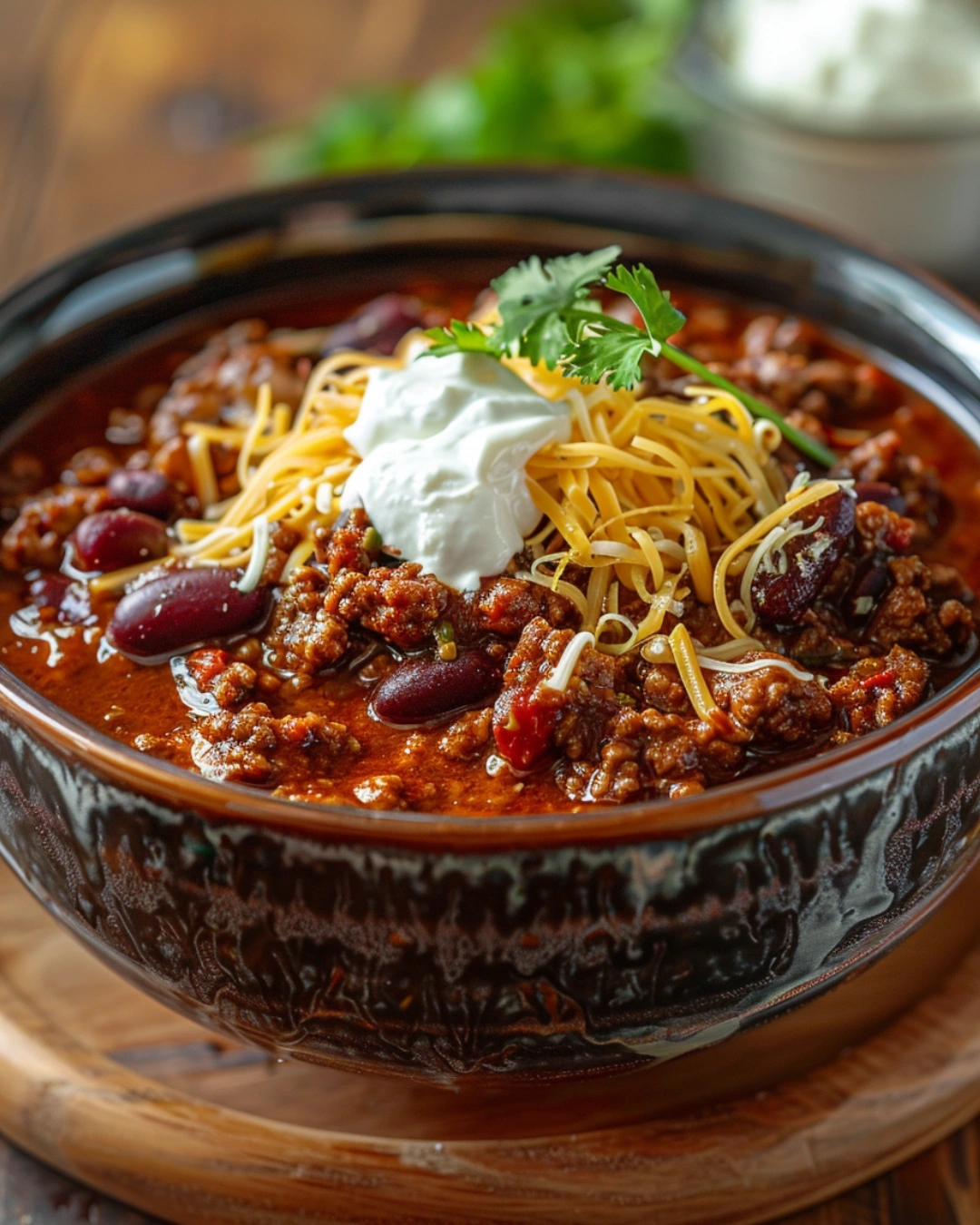 Close-up of served Next Level Chili Con Carne with toppings