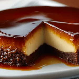 Chocoflan dessert slice with caramel topping