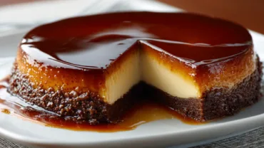 Chocoflan dessert slice with caramel topping