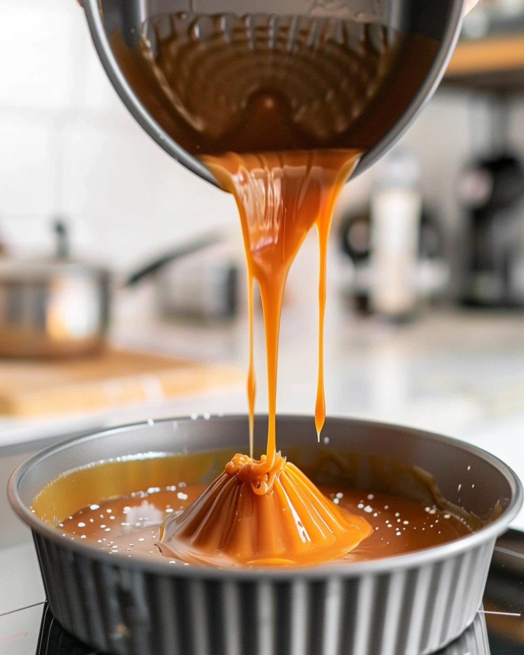 pouring flan mixture into bundt pan