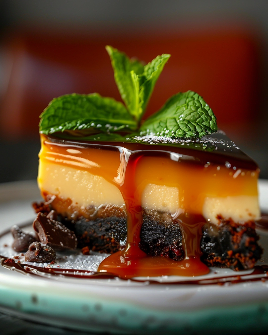 plated chocoflan with caramel drizzle