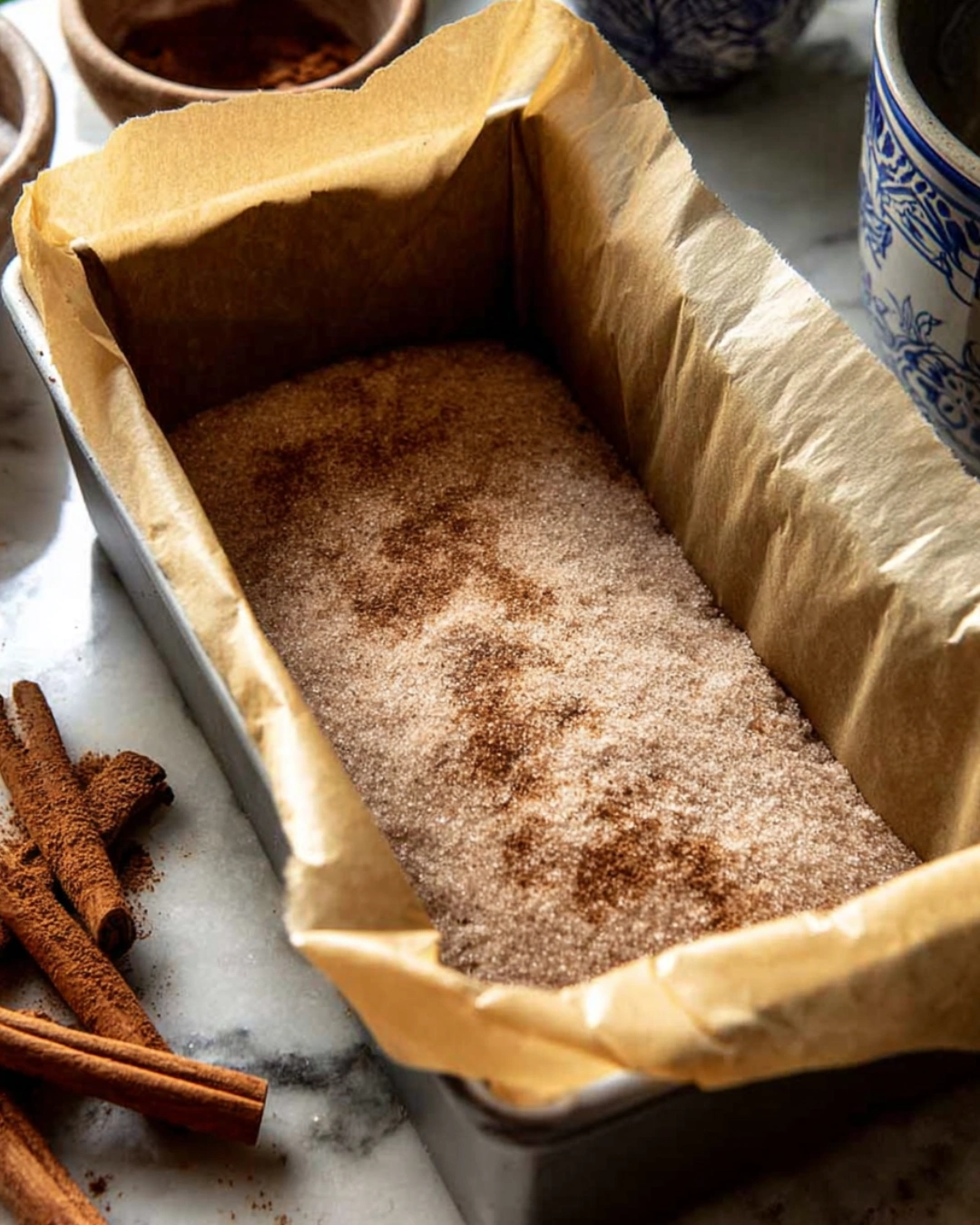 banana bread batter in a loaf pan sprinkled with cinnamon sugar before baking