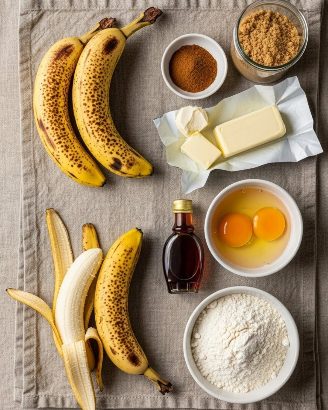 Banana bread ingredients flat lay