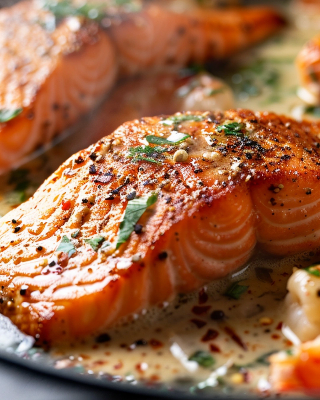 Cajun Salmon and Shrimp served with creamy sauce and lemon