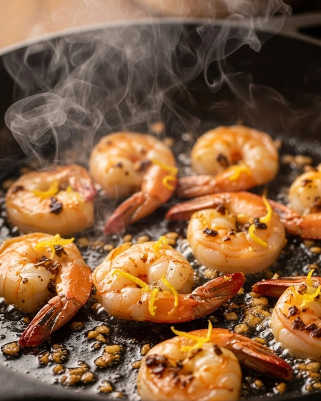 Shrimp cooking in butter and garlic with lemon zest in a skillet