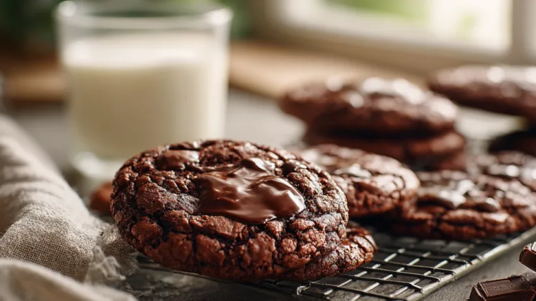 fresh copycat Crumbl chocolate cookies on cooling rack
