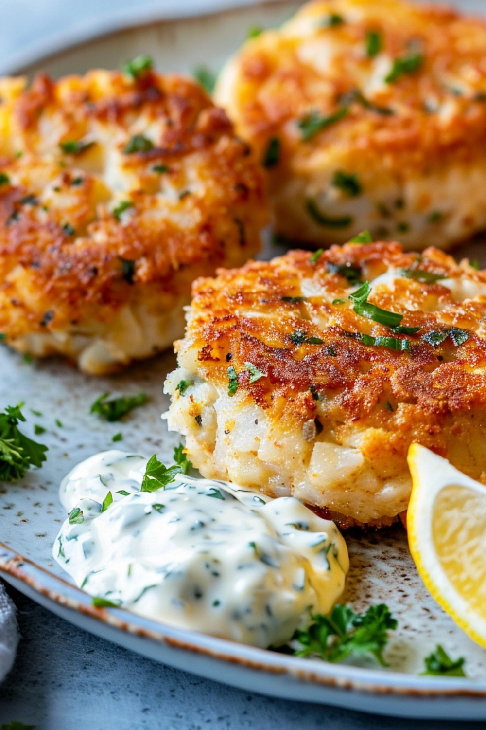 Crab Cake Recipe close-up with tartar sauce and lemon
