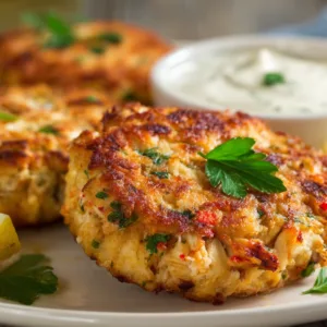 Crab Cake Recipe served on a white plate with lemon and parsley