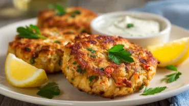 Crab Cake Recipe served on a white plate with lemon and parsley