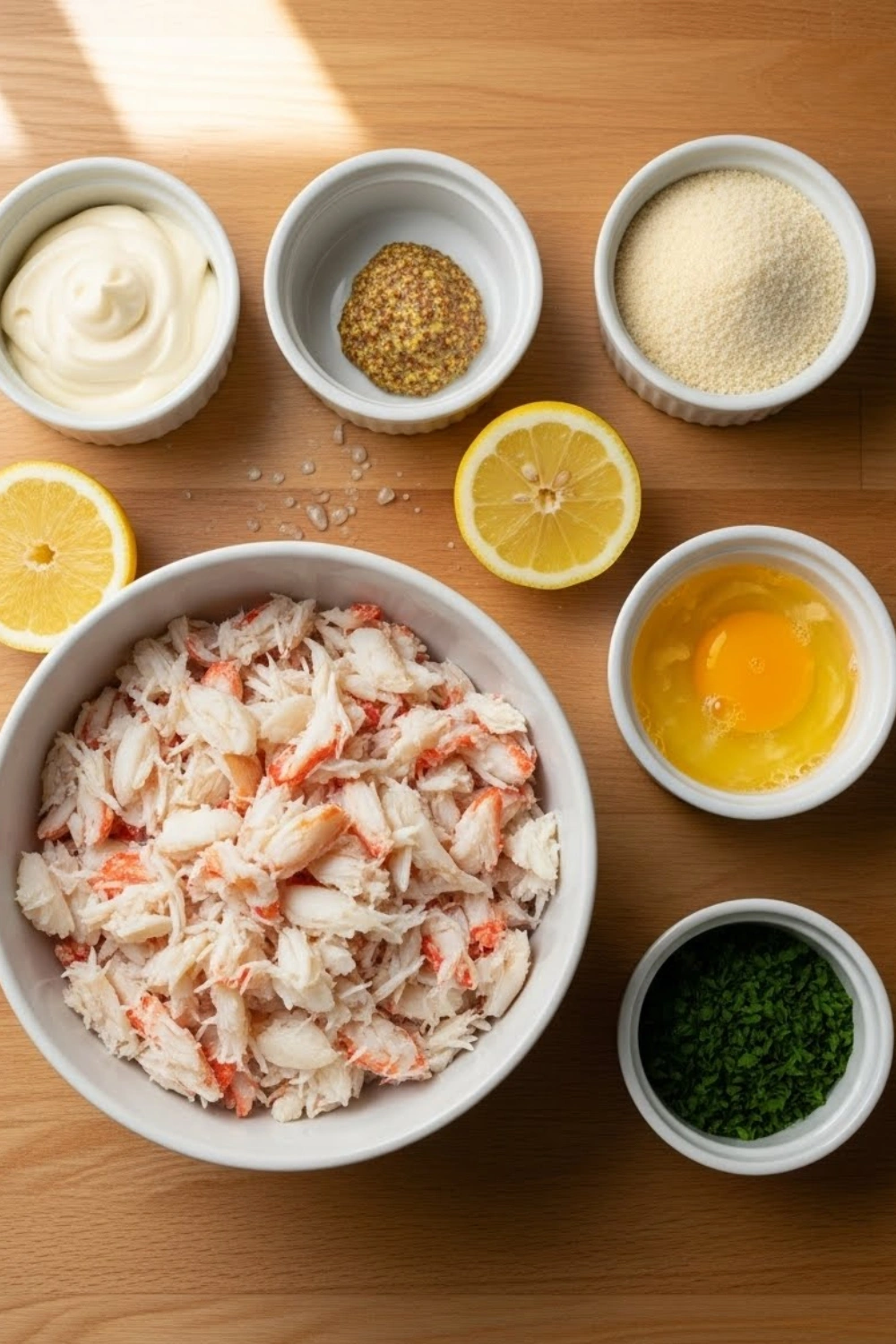 Crab Cake Recipe ingredients flat lay on wood