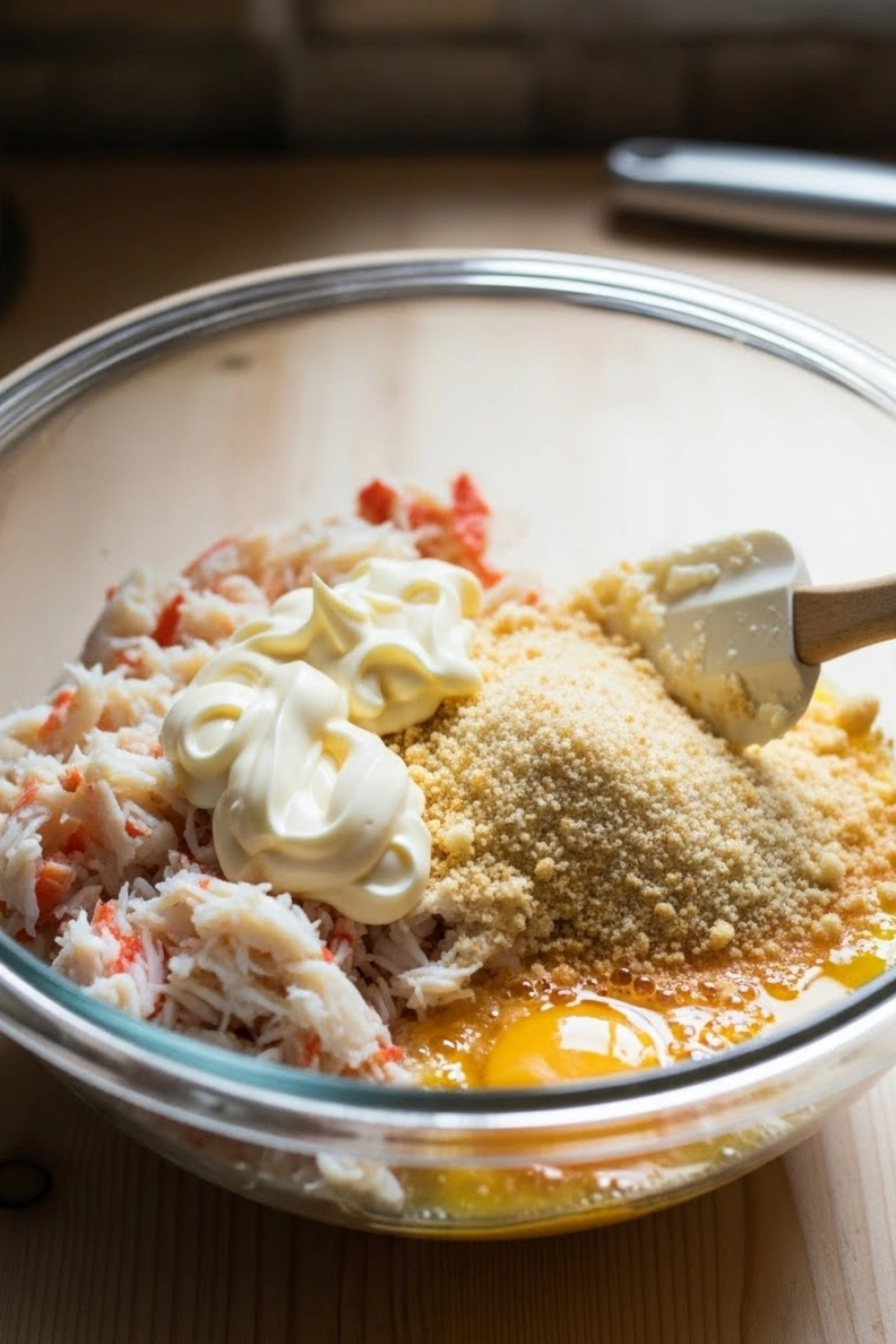 Mixing crab meat for crab cake recipe