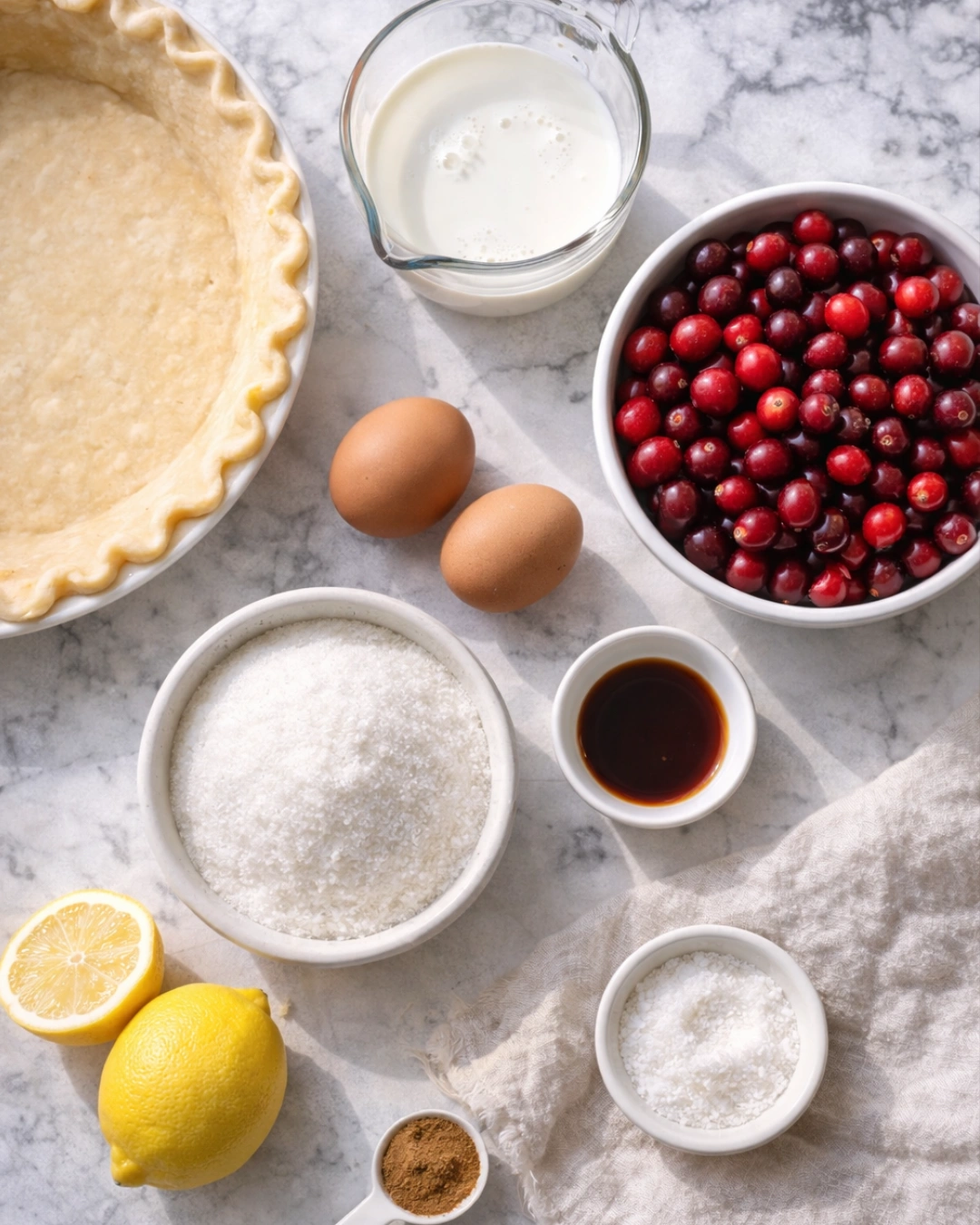 Ingredients for cranberry custard pie arranged on marble