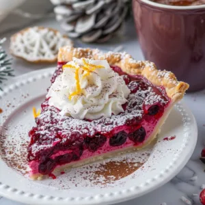 Slice of cranberry custard pie served with whipped cream