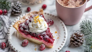 Whole Cranberry Custard Pie with golden crust and sugared cranberries on winter table