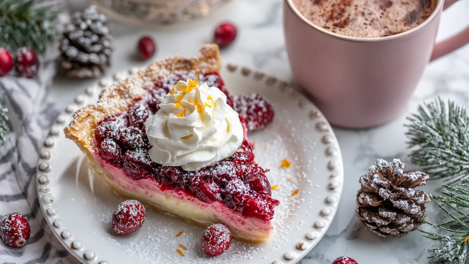Whole Cranberry Custard Pie with golden crust and sugared cranberries on winter table