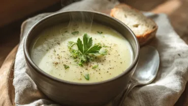 bowl of creamy celery soup in cozy kitchen