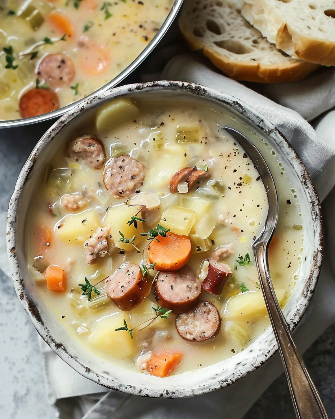 Creamy potato and sausage chowder served with green onions