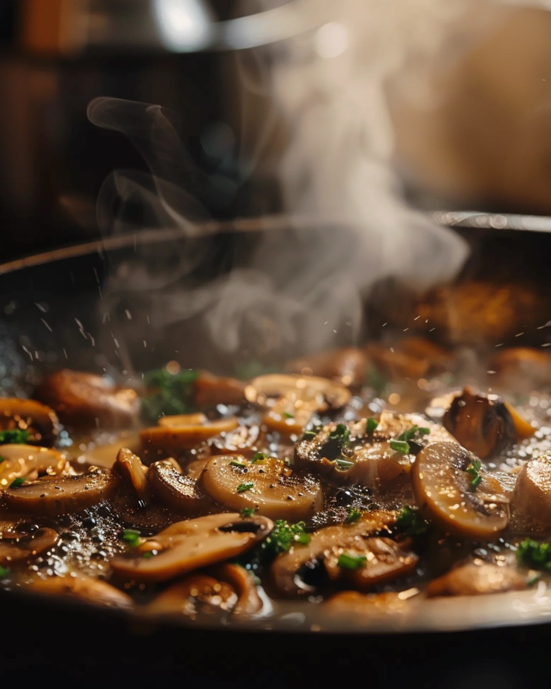 Mushrooms and garlic sautéing in skillet close-up