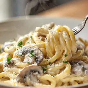 Creamy mushroom pasta close-up on modern wood table