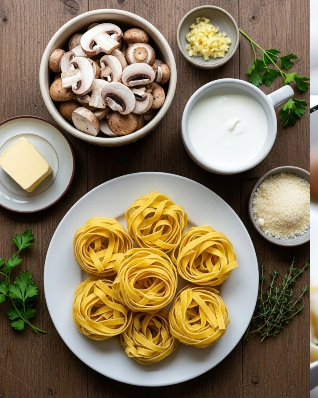 Creamy mushroom pasta ingredients flat lay on wood board