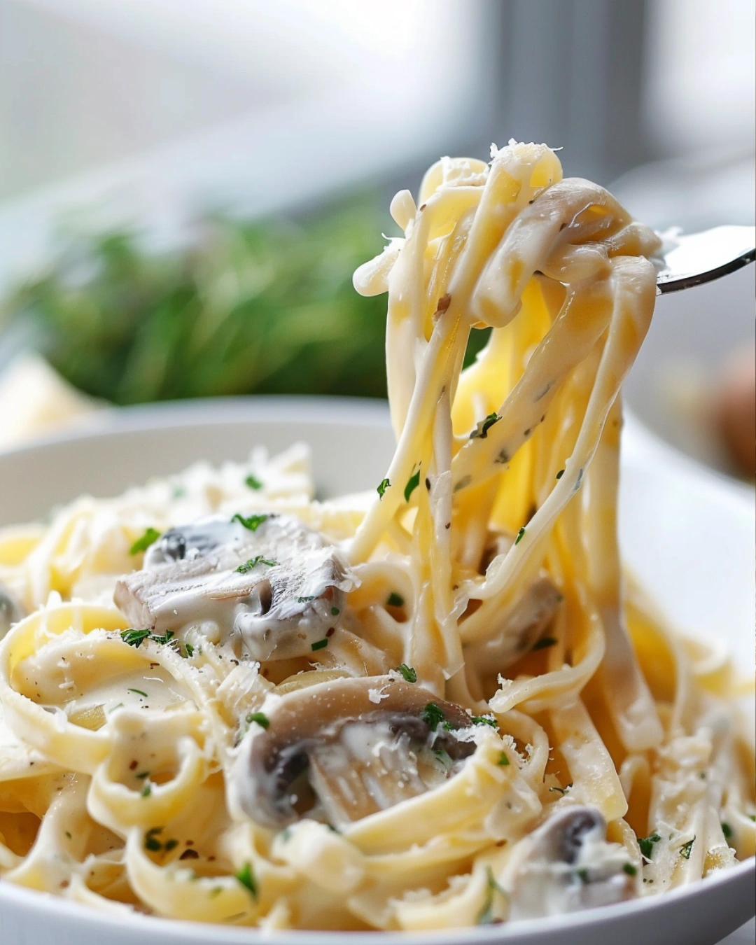 Close-up creamy mushroom pasta twirled on fork