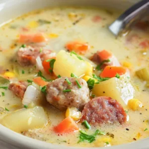 Creamy potato and sausage chowder in modern white bowl