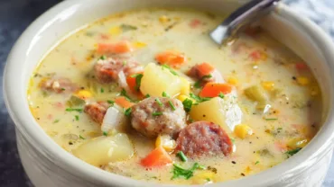 Creamy potato and sausage chowder in modern white bowl