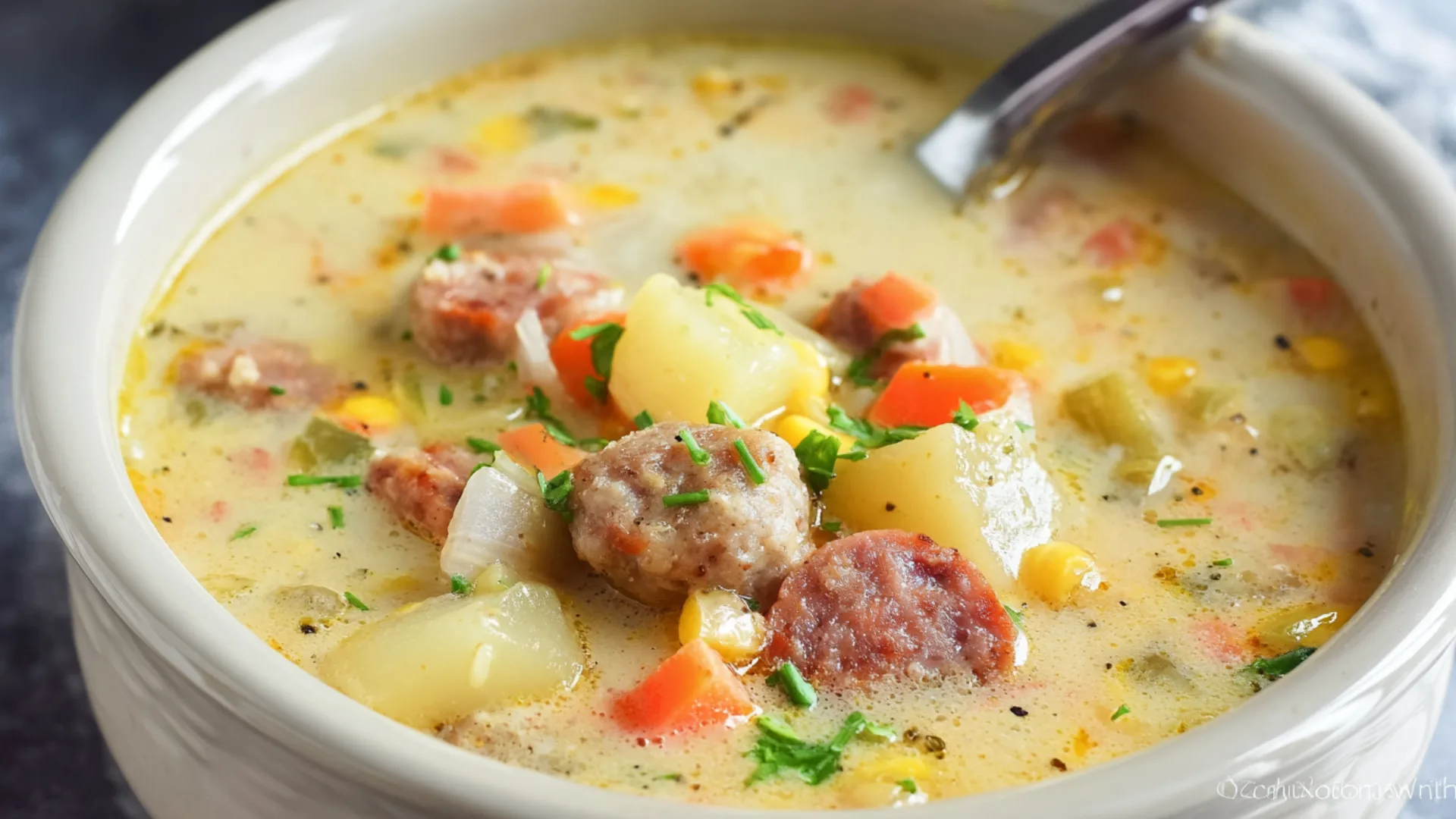 Creamy Potato and Sausage Chowder: 5 Comforting Flavor Secrets 2 Creamy potato and sausage chowder in modern white bowl