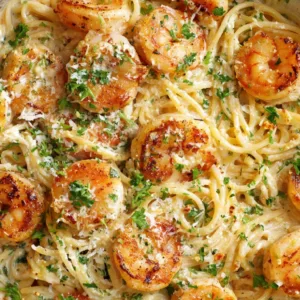 creamy shrimp pasta recipe in skillet
