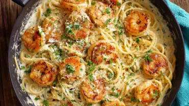 creamy shrimp pasta recipe in skillet